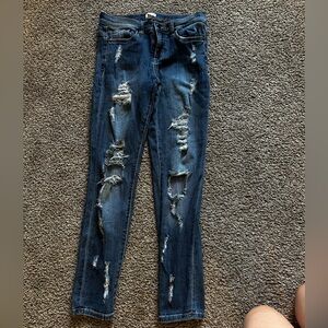 Medium wash, distressed boyfriend denim